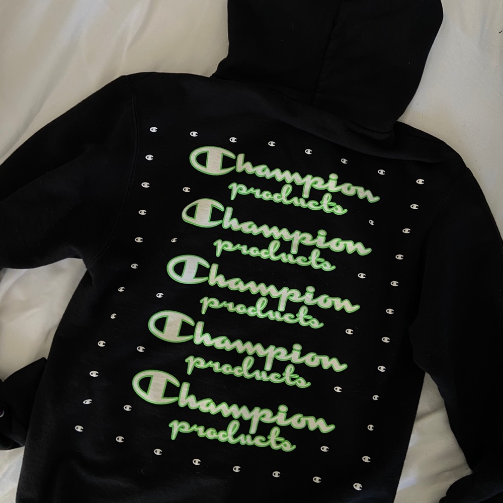 Champion Hoodie with neon Green script on the back